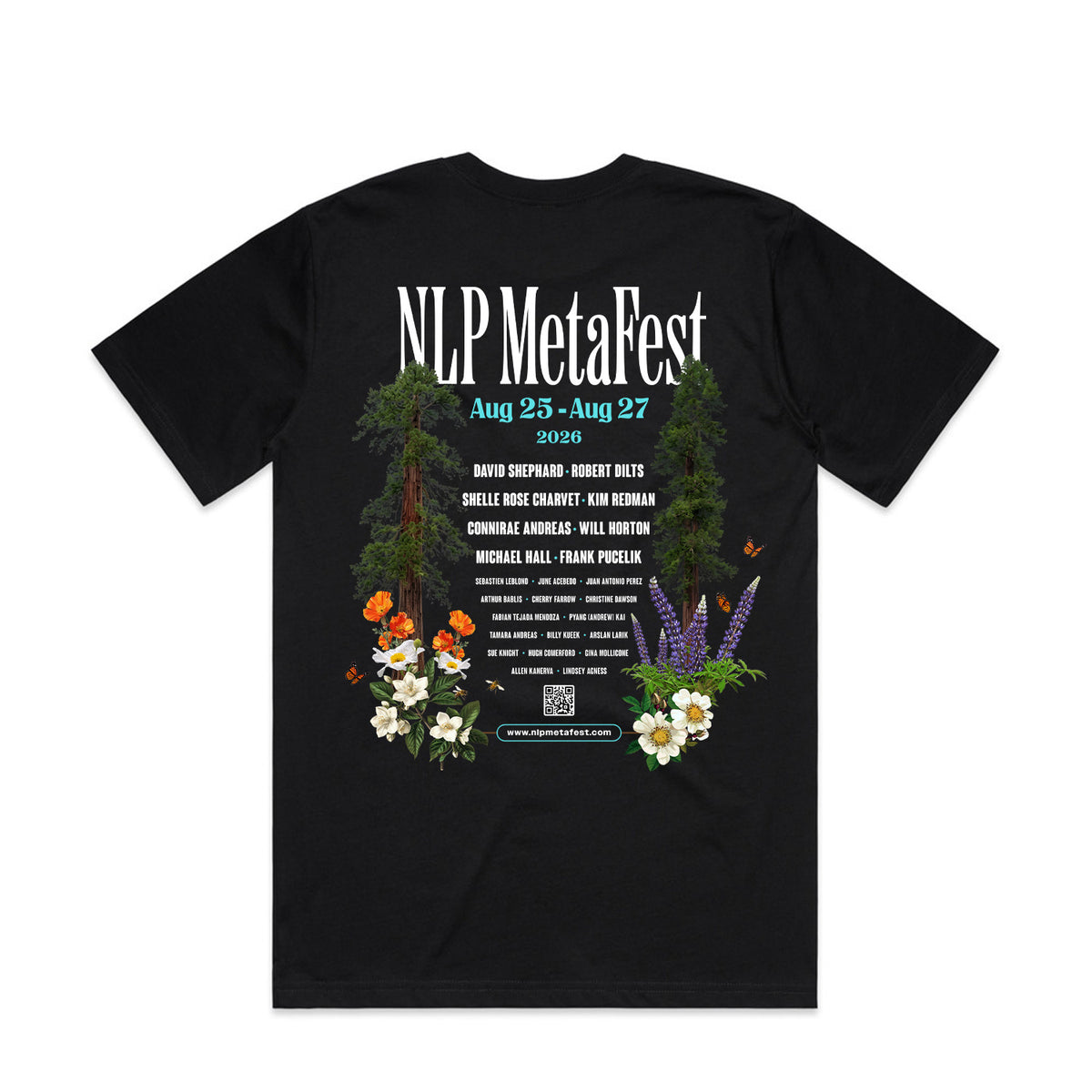 NLP MetaFest 2026 men's tee with the full lineup back print