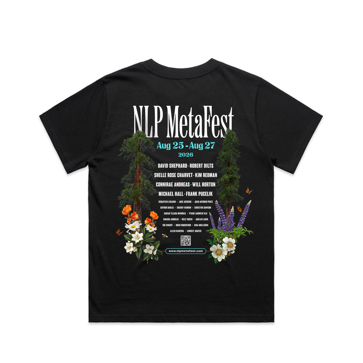 NLP MetaFest 2026 women's tee with the full lineup back print