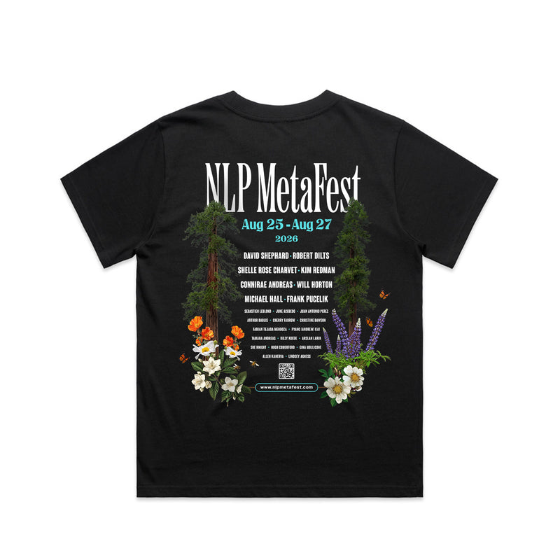NLP MetaFest 2026 women's tee with the full lineup back print
